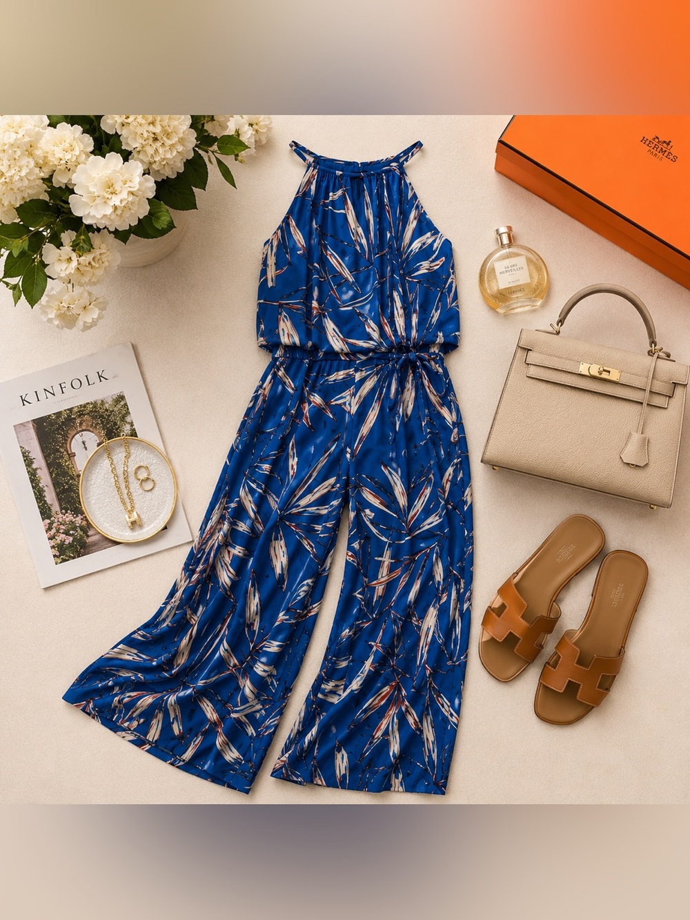 🔥Blogger Favorite Blue Tropical Print Cropped Jumpsuit ✨ Greece Vacation Luxe - Picture 9 of 13